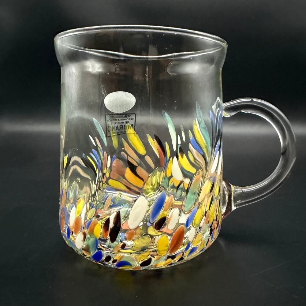 NEW Murano Venetian White Crystal Confetti Studio Art Glass Mug Hand Blown Italy